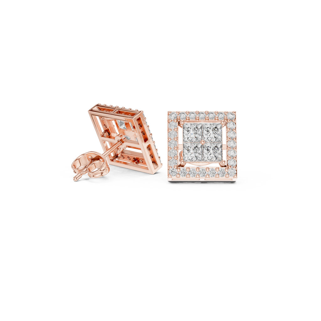 Square Princess-Cut Diamond Halo Stud Earrings