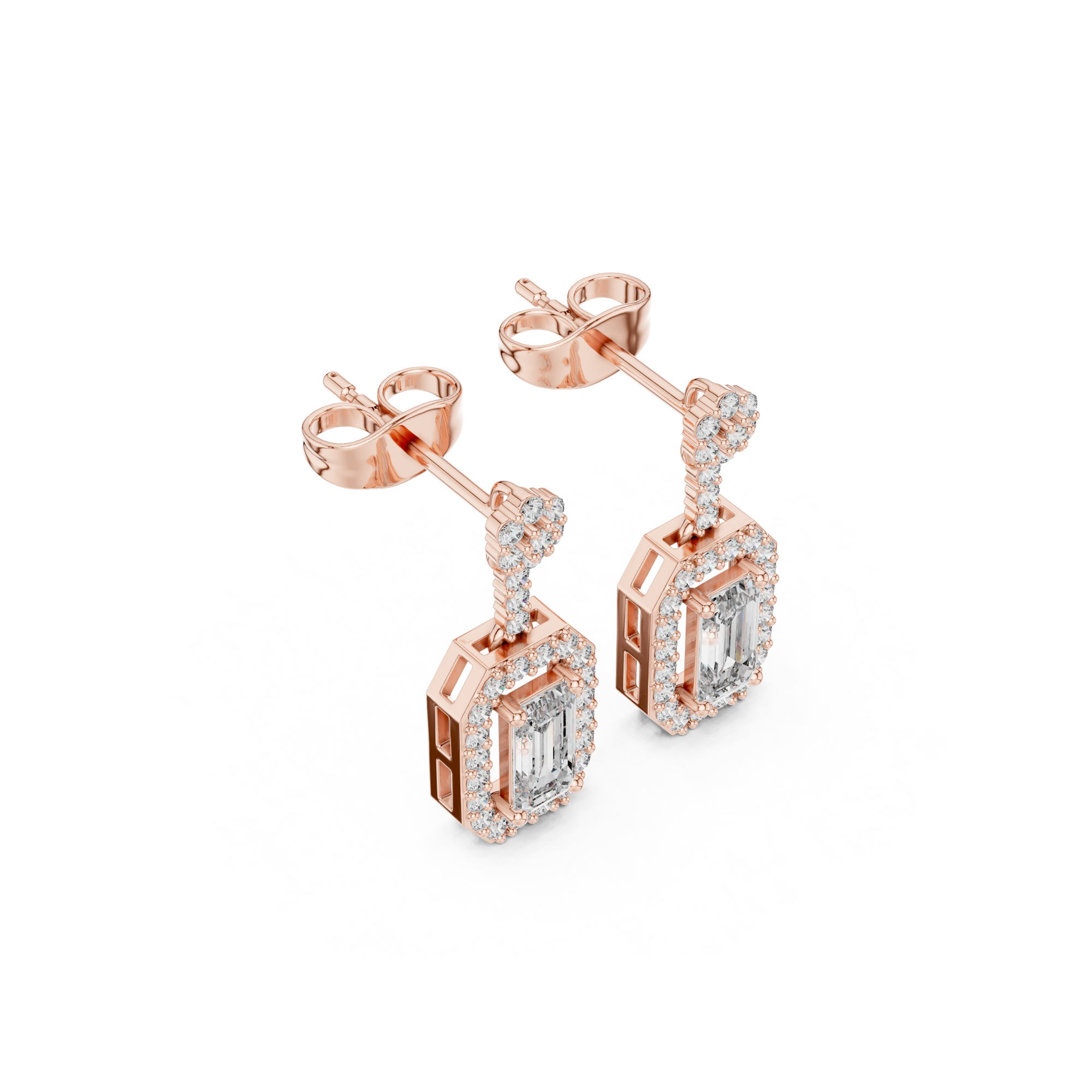 Emerald-Cut Diamond Halo Drop Earrings