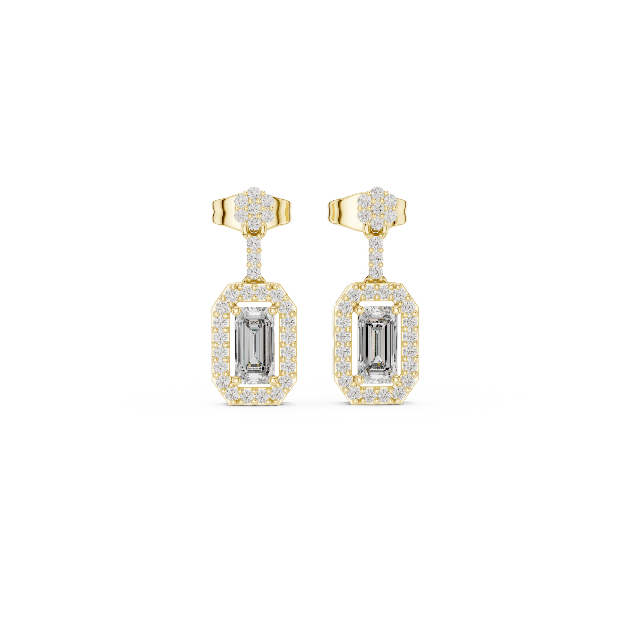 Emerald-Cut Diamond Halo Drop Earrings