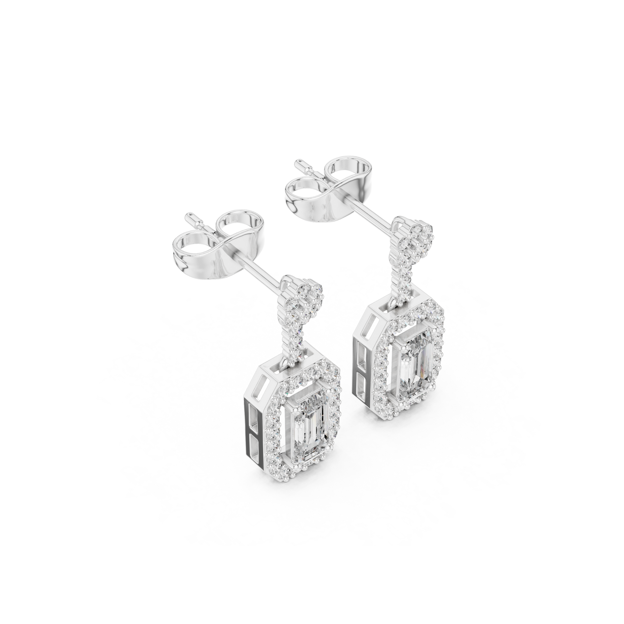 Emerald-Cut Diamond Halo Drop Earrings