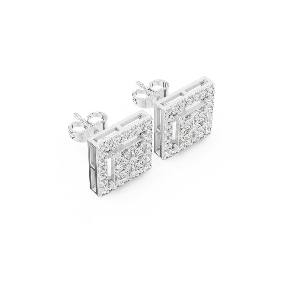 Square Princess-Cut Diamond Halo Stud Earrings