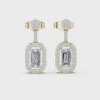 Emerald-Cut Diamond Halo Drop Earrings